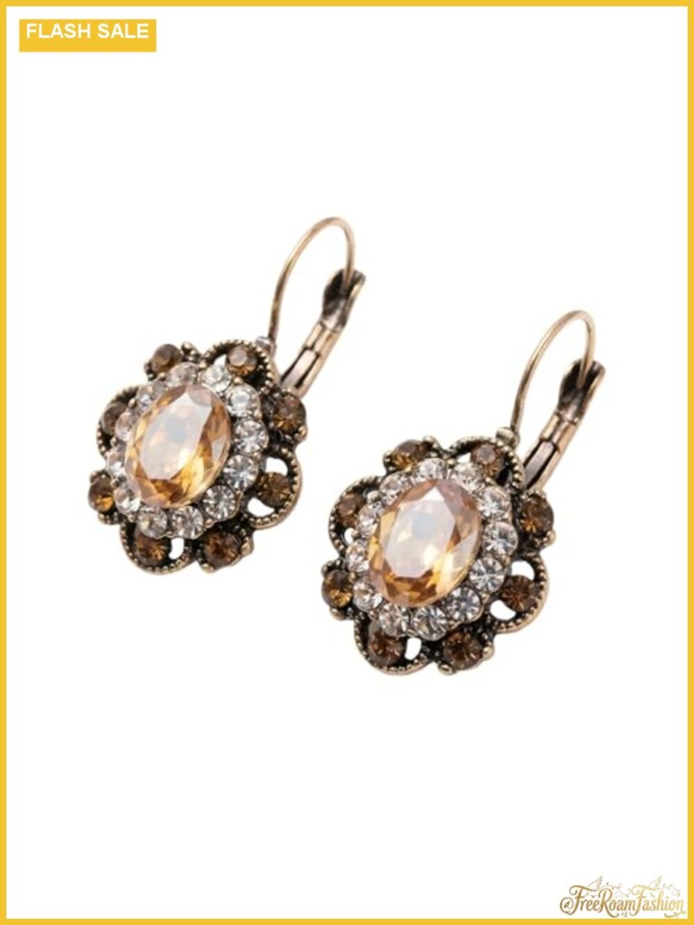Vintage Crystal Leverback Dangle Earrings Retro Flower Handmade Alloy